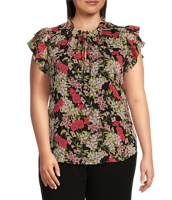 Anne Klein Plus Size Floral Print Ruffle Tie Neckline Short Sleeve Blouse