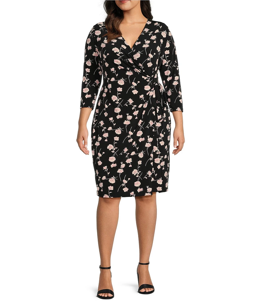 Anne Klein Plus Size Floral Print Surplice V-Neck Long Sleeve Tie Waist Wrap Dress