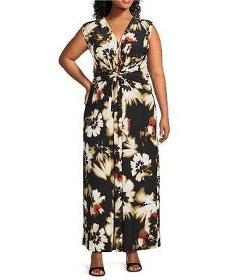 Anne Klein Plus Size Floral V-Neck Sleeveless Knot Front Maxi Dress