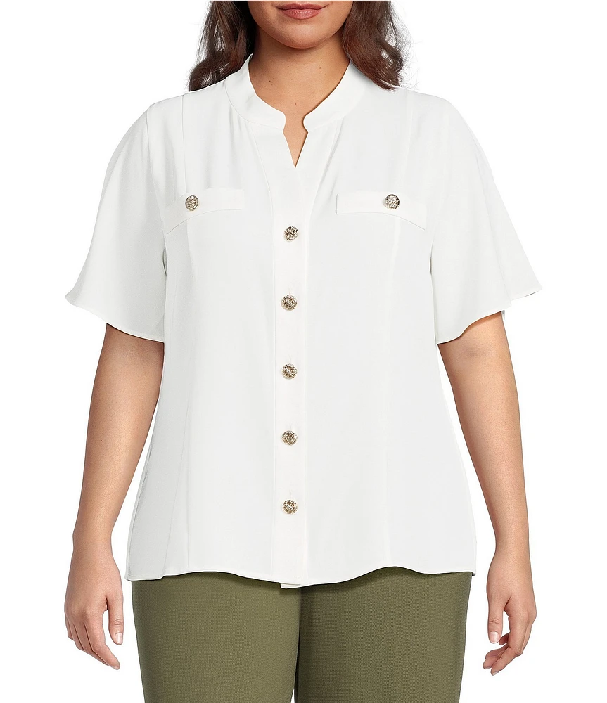 Anne Klein Plus Size Mandarin Collar Flutter Short Sleeve Button Front Top