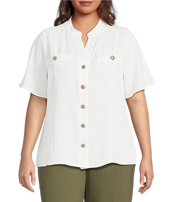 Anne Klein Plus Size Mandarin Collar Flutter Short Sleeve Button Front Top