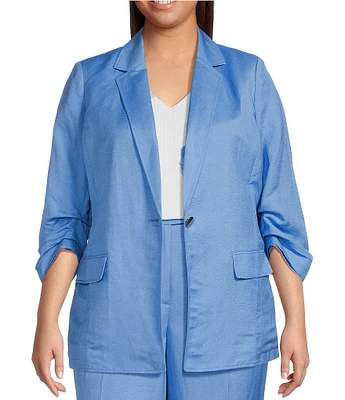 Anne Klein Plus Size Notch Lapel Collar Scrunch 3/4 Sleeve Flap Pocket Coordinating Jacket