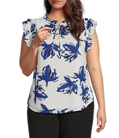 Anne Klein Plus Size Printed Gingham Double Ruffle Sleeveless Blouse