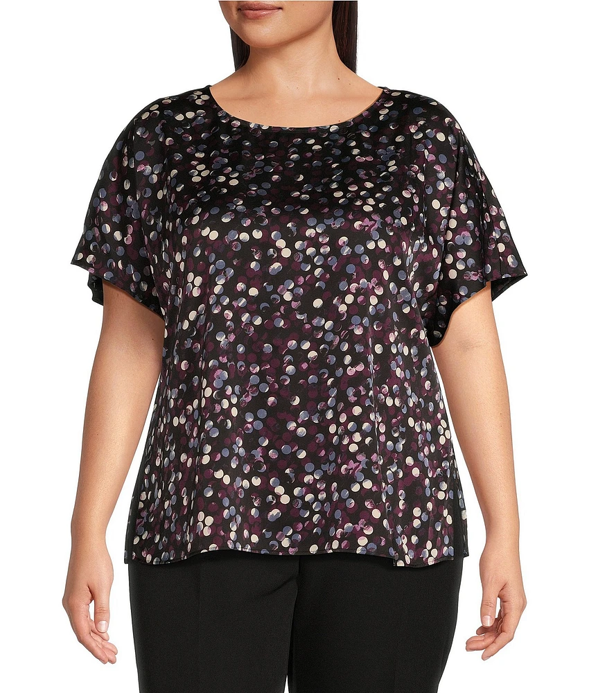 Anne Klein Plus Size Printed Satin Bateau Neck Short Sleeve Blouse