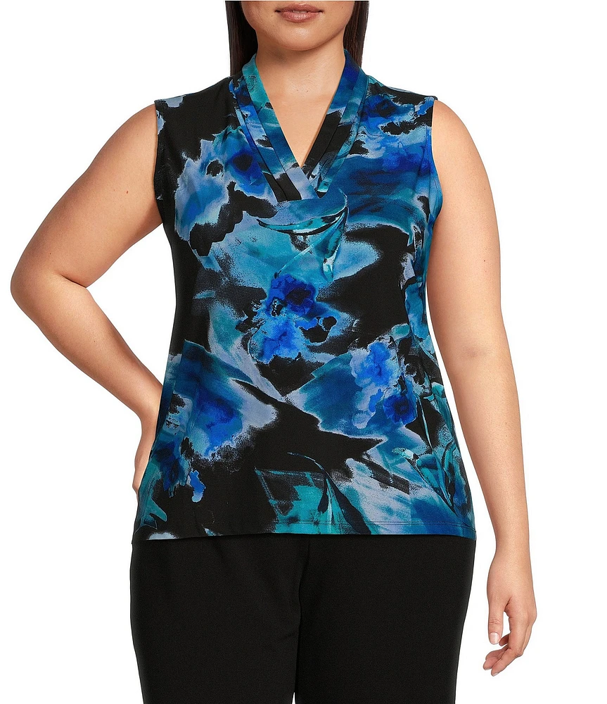 Anne Klein Plus Size Printed Triple Pleat V-Neck Sleeveless Top