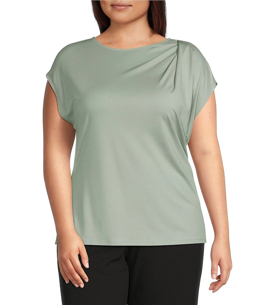 Anne Klein Plus Size Round Neck Pleated Cap Sleeve Top