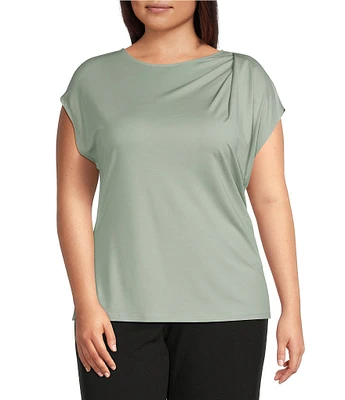 Anne Klein Plus Size Round Neck Pleated Cap Sleeve Top