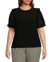 Anne Klein Plus Size Ruffle Combo Short Sleeve Round Neck Knit Top