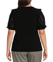 Anne Klein Plus Size Ruffle Combo Short Sleeve Round Neck Knit Top