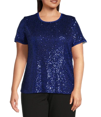 Anne Klein Plus Size Sequin Mesh Short Sleeve Top