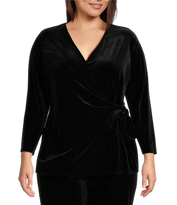 Anne Klein Plus Size Stretch Velour V-Neck 3/4 Sleeve Wrap Top