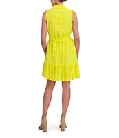 Anne Klein Point Collar Sleeveless Tiered Eyelet Shirt Dress