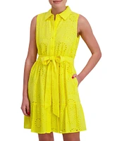 Anne Klein Point Collar Sleeveless Tiered Eyelet Shirt Dress