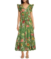 Anne Klein Poplin Floral Print V Neck Cap Sleeve A-Line Maxi Dress