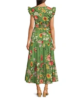 Anne Klein Poplin Floral Print V Neck Cap Sleeve A-Line Maxi Dress