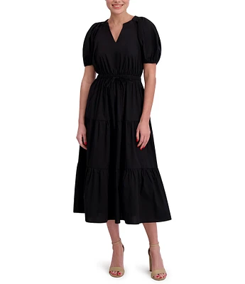 Anne Klein Poplin V-Neck Short Puff Sleeve Waist Tie Blouson Midi Dress