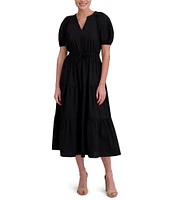 Anne Klein Poplin V-Neck Short Puff Sleeve Waist Tie Blouson Midi Dress