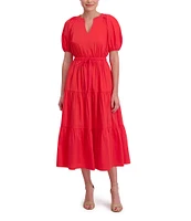 Anne Klein Poplin V-Neck Short Puff Sleeve Waist Tie Blouson Midi Dress