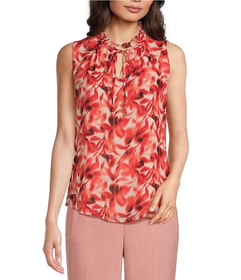 Anne Klein Printed Ruffle Mock Tie Neck Sleeveless Blouse