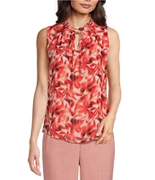 Anne Klein Printed Ruffle Mock Tie Neck Sleeveless Blouse