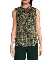 Anne Klein Printed Satin Tie-Ruffle Neck Sleeveless Blouse