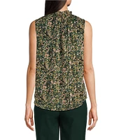 Anne Klein Printed Satin Tie-Ruffle Neck Sleeveless Blouse