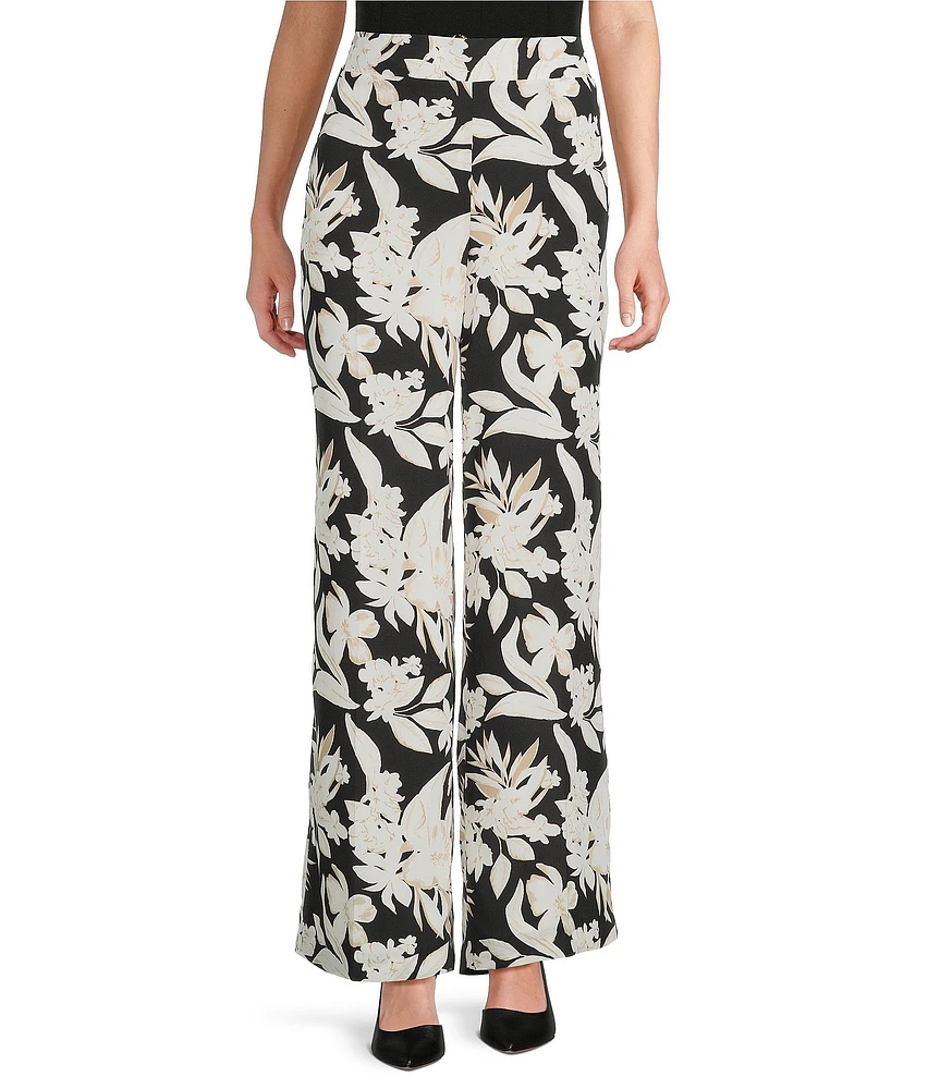 Anne Klein Pull On Floral Elastic Back Wide Leg Pants