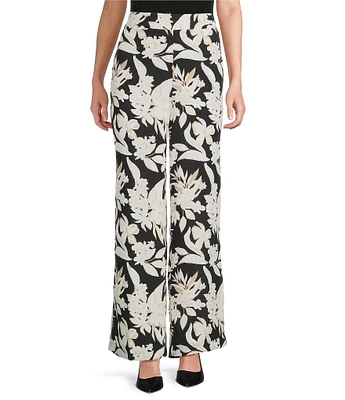 Anne Klein Pull On Floral Elastic Back Wide Leg Pants