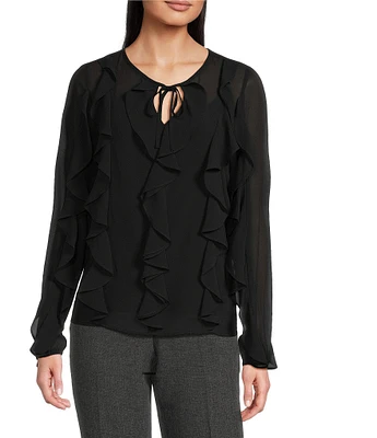 Anne Klein Round Collar Long Sleeves Ruffe Front and Sleeve Tie Front Blouse
