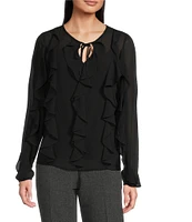 Anne Klein Round Collar Long Sleeves Ruffe Front and Sleeve Tie Front Blouse