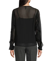 Anne Klein Round Collar Long Sleeves Ruffe Front and Sleeve Tie Front Blouse