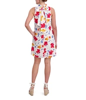 Anne Klein Ruffle Mock Neck Tie Back Sleeveless Floral Print Eyelet Shift Dress