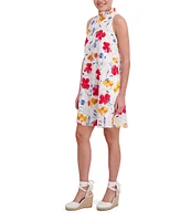 Anne Klein Ruffle Mock Neck Tie Back Sleeveless Floral Print Eyelet Shift Dress