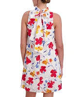 Anne Klein Ruffle Mock Neck Tie Back Sleeveless Floral Print Eyelet Shift Dress