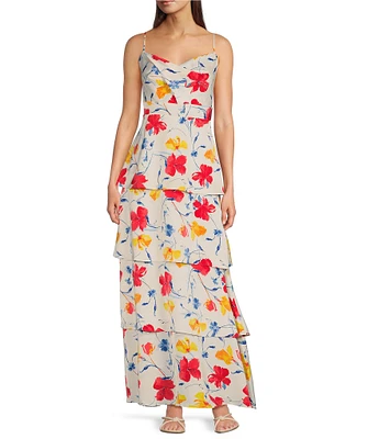 Anne Klein Satin Floral Print V-Neck Sleeveless Tiered A-Line Maxi Dress