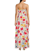 Anne Klein Satin Floral Print V-Neck Sleeveless Tiered A-Line Maxi Dress