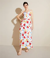 Anne Klein Satin Floral Print V-Neck Sleeveless Tiered A-Line Maxi Dress