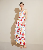 Anne Klein Satin Floral Print V-Neck Sleeveless Tiered A-Line Maxi Dress