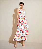 Anne Klein Satin Floral Print V-Neck Sleeveless Tiered A-Line Maxi Dress
