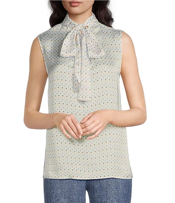 Anne Klein Satin Tie Mock Neck Sleeveless Dotted Blouse