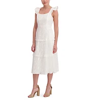 Anne Klein Scoop Neck Ruffle Shoulder Tiered Cotton Eyelet Midi Dress