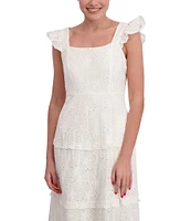 Anne Klein Scoop Neck Ruffle Shoulder Tiered Cotton Eyelet Midi Dress