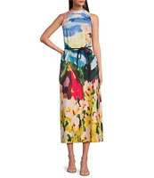 Anne Klein Scuba Floral Print Mock Neck Sleeveless Belted Fit and Flare Midi Dress