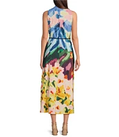 Anne Klein Scuba Floral Print Mock Neck Sleeveless Belted Fit and Flare Midi Dress