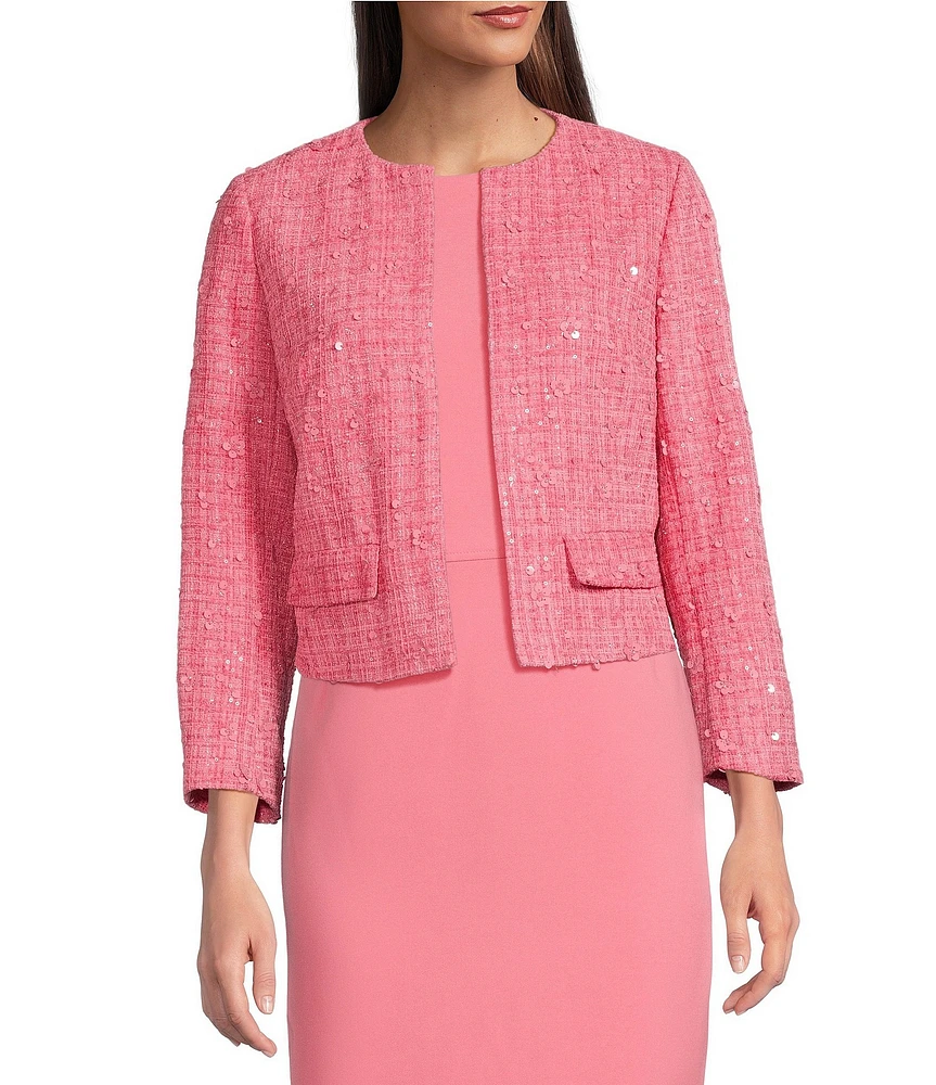 Anne Klein Sequin Tweed Round Neck Kissing Open Front Long Sleeve Jacket