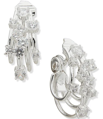 Anne Klein Silver Tone CZ Cluster Stone Hoop Clip Earrings