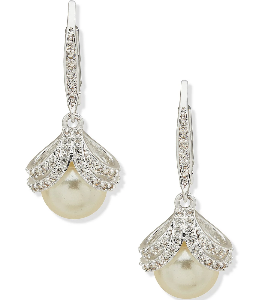 Anne Klein Silver Tone Pearl Crystal Drop Earrings