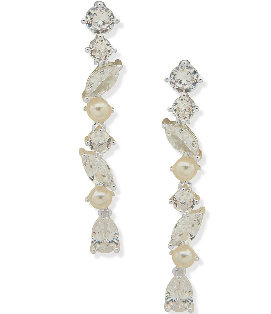 Anne Klein Silver Tone Pearl Crystal Linear Earrings