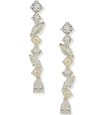 Anne Klein Silver Tone Pearl Crystal Linear Earrings