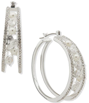 Anne Klein Silver Tone White Pearl CZ Stone 2 Row Hoop Earrings